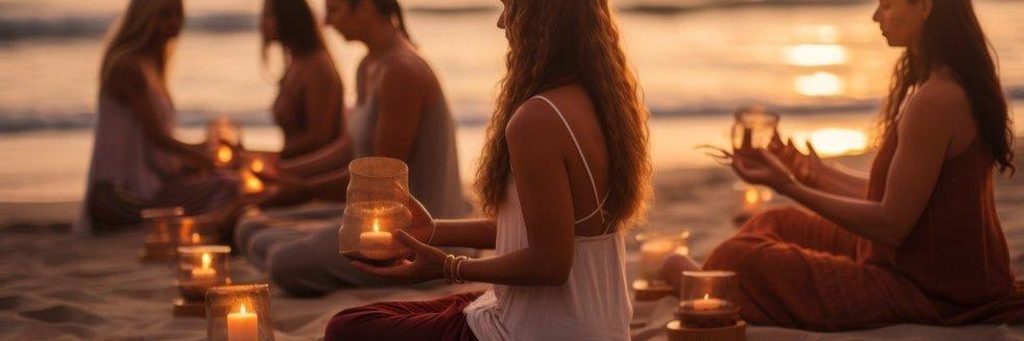 Yin Yoga am Strand auf Mallorca bei Sonnenuntergang mit Crystal Bowls und Kerzen.